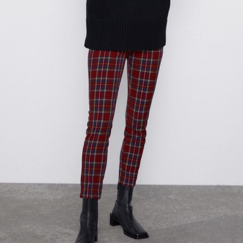 Zara Red Plaid Slim Pants with Black and Blue Tartan